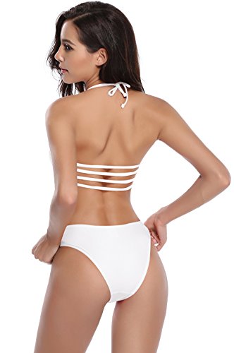 SHEKINI Mujeres Bikini Push Up Relleno Relleno Strappy Halter bañador de Dos Piezas Trajes de baño (Small, Blanco)