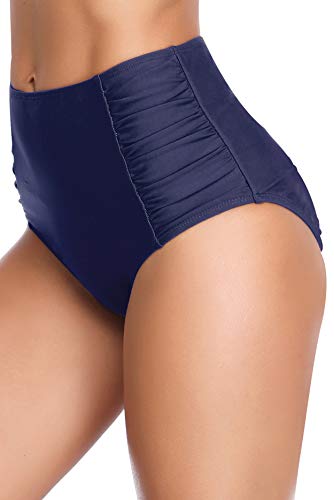 SHEKINI Ropa de Baño para Mujer Traje de Baño Vintage Cintua Alta Bikini Fondo Sexy Volantes Natación Retro Fruncido Estilo Trjes de Baño(Small, Azul Oscuro)