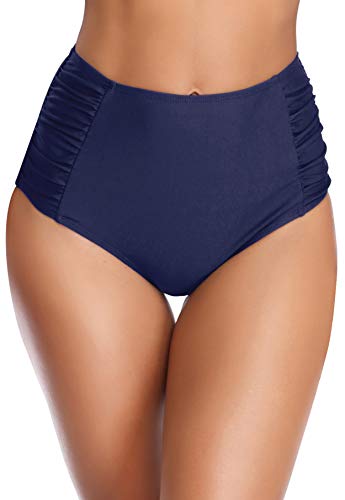 SHEKINI Ropa de Baño para Mujer Traje de Baño Vintage Cintua Alta Bikini Fondo Sexy Volantes Natación Retro Fruncido Estilo Trjes de Baño(Small, Azul Oscuro)