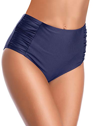 SHEKINI Ropa de Baño para Mujer Traje de Baño Vintage Cintua Alta Bikini Fondo Sexy Volantes Natación Retro Fruncido Estilo Trjes de Baño(Small, Azul Oscuro)