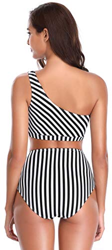 SHEKINI Traje de baño de Dos Piezas Mujer Traje de Baño Solo Hombro Push Up Bañador Bikinis Beachwear de Playa Natación Negros Beachwear(Medium,Rayas Blancas y Negras)
