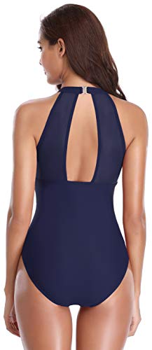SHEKINI Traje de Baño de Una Pieza Mujer Halter Elegante Trajes de Baños para Mujer Alta Cintura Push Up con Aro(Large, Azul Oscuro)