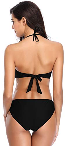 SHEKINI Traje de Baño Mujer Push Up Bikini Acolchado Ajustable Halter/Strapless Dos Piezas de Trajes de Baño para Las Mujeres Twist Front Bikini Bandeau Halter Cuello Bañador(XX-Large, Negro)