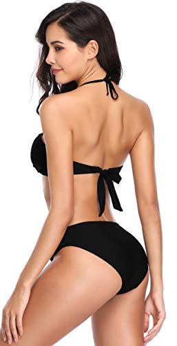 SHEKINI Traje de Baño Mujer Push Up Bikini Acolchado Ajustable Halter/Strapless Dos Piezas de Trajes de Baño para Las Mujeres Twist Front Bikini Bandeau Halter Cuello Bañador(XX-Large, Negro)