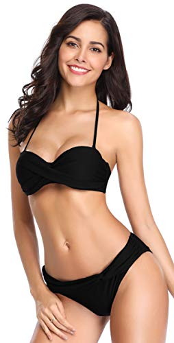 SHEKINI Traje de Baño Mujer Push Up Bikini Acolchado Ajustable Halter/Strapless Dos Piezas de Trajes de Baño para Las Mujeres Twist Front Bikini Bandeau Halter Cuello Bañador(XX-Large, Negro)