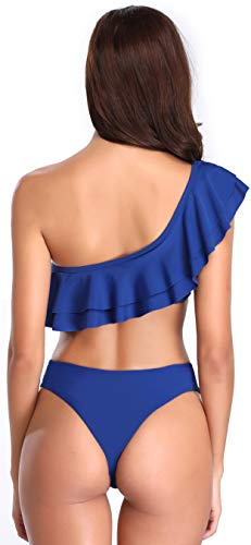 SHEKINI Trajes de baño Mujer de Un Hombro con Relleno de la Hoja de Loto Cheeky Halter Bikini Set Bañador de Dos Piezas para Mujer (XL, Azul Oscuro-2)
