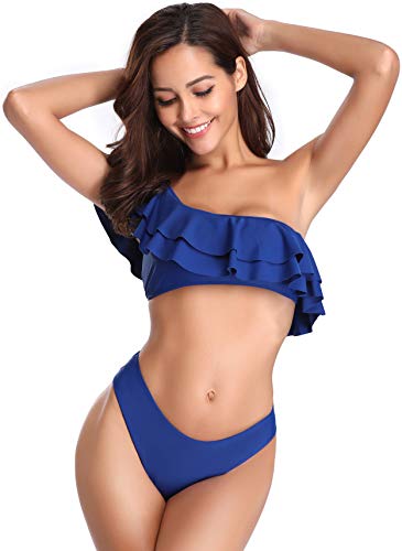 SHEKINI Trajes de baño Mujer de Un Hombro con Relleno de la Hoja de Loto Cheeky Halter Bikini Set Bañador de Dos Piezas para Mujer (XL, Azul Oscuro-2)