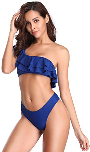 SHEKINI Trajes de baño Mujer de Un Hombro con Relleno de la Hoja de Loto Cheeky Halter Bikini Set Bañador de Dos Piezas para Mujer (XL, Azul Oscuro-2)