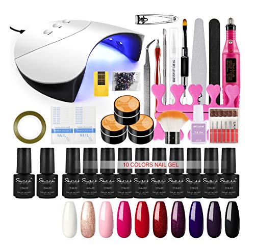 Shelloloh Kit de Gel de 10pcs Semipermanente Uñas 36W Lámpara LED/UV Uñas Profesional Maquillaje Uñas Pulidor De Uñas Electric Profesional Manicura con 3pcs UV GEL Extension Gel de Unas Base Top Kit