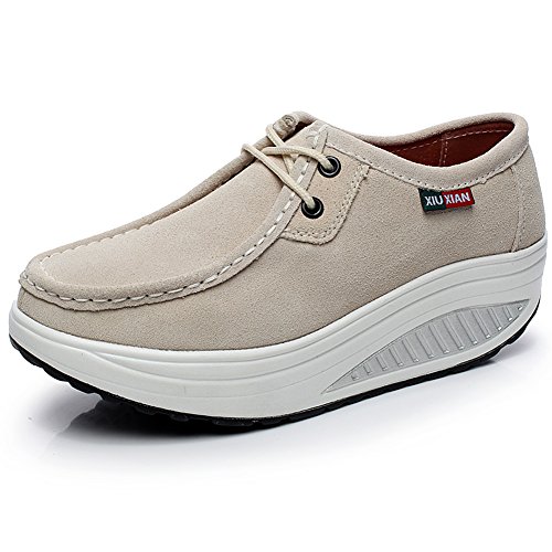 Shenn Mujer Plataforma Calzo Aptitud para Caminar Beige Ante Cuero Entrenadores Zapatos 1061 EU41.5