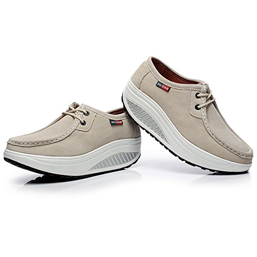 Shenn Mujer Plataforma Calzo Aptitud para Caminar Beige Ante Cuero Entrenadores Zapatos 1061 EU41.5