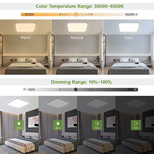 SHILOOK Plafón Led Techo Cuadrado Regulable con Mando a Distancia, 24W Lámpara para Habitación Cocina Salón Dormitorio Infantil, 3000K-6500K, Superficie 33cm