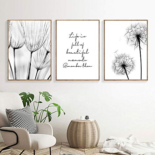 SHINERING Cuadros en Blanco y Negro Pintura de Lienzo de Pintura de Lienzo de Diente de león Impresión del Arte Nordic Dandelion Poster Arte de la Pared Dormitorio Sin Marco