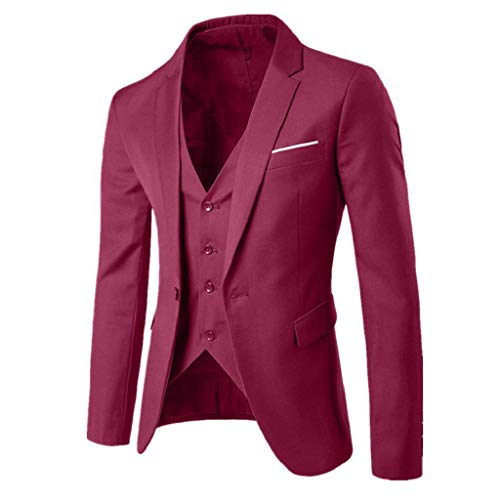 SHOBDW Hombre Traje Talla Grande de Manga Larga Abrigos de Invierno de Solapa Delgado Traje de Fiesta de Bodas de Negocios Chaqueta Blazer Chaleco Pantalones 3PCS(Vino Rojo,M)
