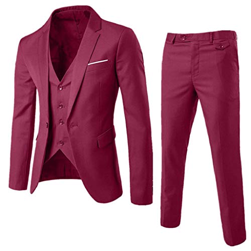 SHOBDW Hombre Traje Talla Grande de Manga Larga Abrigos de Invierno de Solapa Delgado Traje de Fiesta de Bodas de Negocios Chaqueta Blazer Chaleco Pantalones 3PCS(Vino Rojo,M)