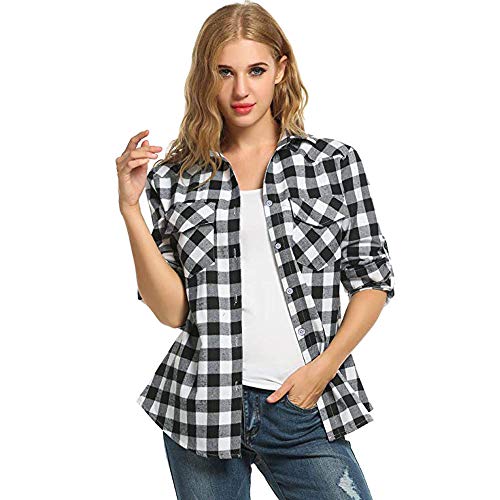 SHOBDW LiquidacióN De Ventas Camisas De Franela De Cuadros De TartáN para Mujeres Roll Up Manga Casual OtoñO Invierno Tops De Manga Larga Blusa De Botones(Gris,L)