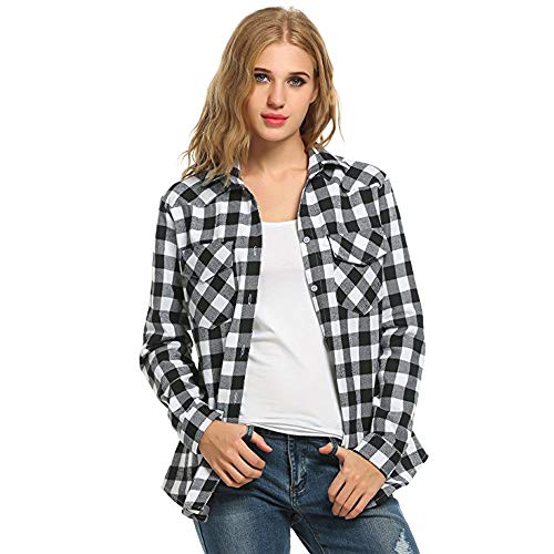 SHOBDW LiquidacióN De Ventas Camisas De Franela De Cuadros De TartáN para Mujeres Roll Up Manga Casual OtoñO Invierno Tops De Manga Larga Blusa De Botones(Gris,L)