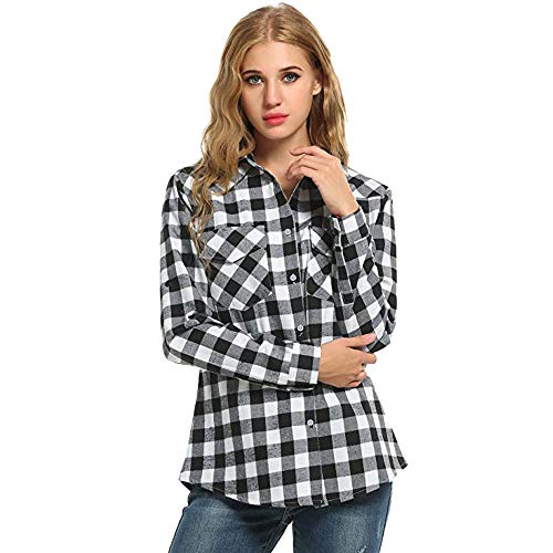 SHOBDW LiquidacióN De Ventas Camisas De Franela De Cuadros De TartáN para Mujeres Roll Up Manga Casual OtoñO Invierno Tops De Manga Larga Blusa De Botones(Gris,L)