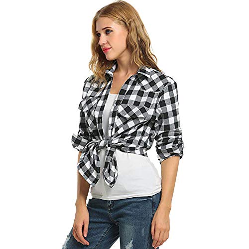 SHOBDW LiquidacióN De Ventas Camisas De Franela De Cuadros De TartáN para Mujeres Roll Up Manga Casual OtoñO Invierno Tops De Manga Larga Blusa De Botones(Gris,L)