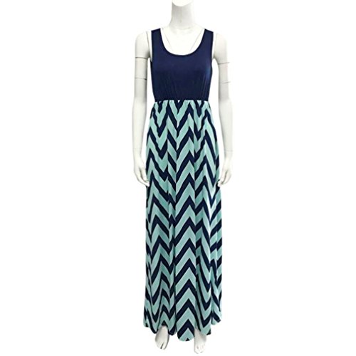 SHOBDW Vestido sin Mangas Largo a Rayas Mujeres Boho sin Mangas Señora O-Cuello Beach Sundrss Maxi Vestido de Verano (2XL, Azul)