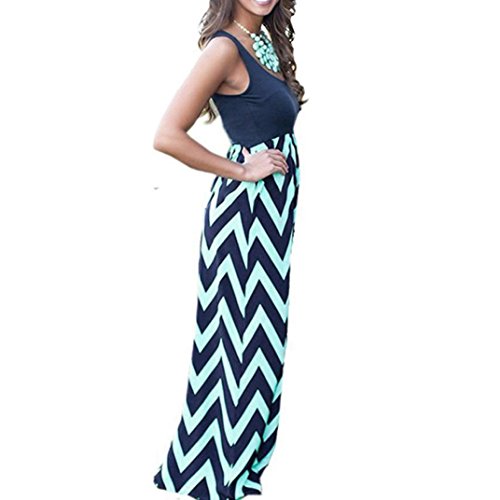 SHOBDW Vestido sin Mangas Largo a Rayas Mujeres Boho sin Mangas Señora O-Cuello Beach Sundrss Maxi Vestido de Verano (2XL, Azul)