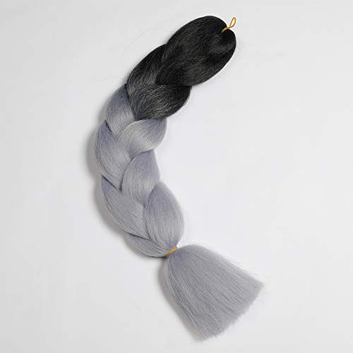Showjarlly 5 Piezas Ombre Jumbo Braid Pelo Sintético 24 Pulgadas 100g Kanekalon Extensiones de Trenzado de Cabello Para Ganchillo Trenzado Trenzado de Pelo (5PCS, B37-Negro Silve)