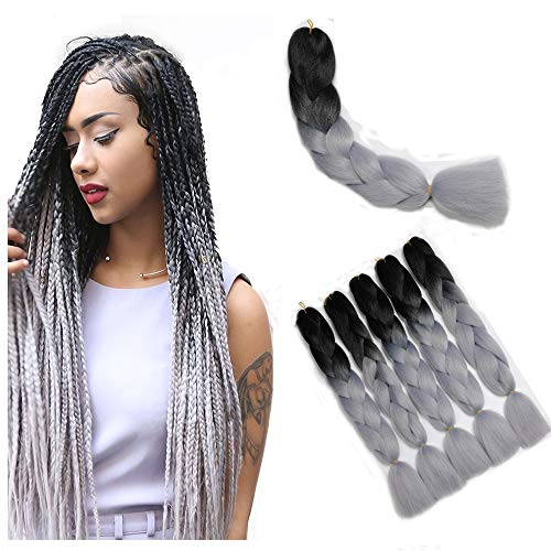 Showjarlly 5 Piezas Ombre Jumbo Braid Pelo Sintético 24 Pulgadas 100g Kanekalon Extensiones de Trenzado de Cabello Para Ganchillo Trenzado Trenzado de Pelo (5PCS, B37-Negro Silve)