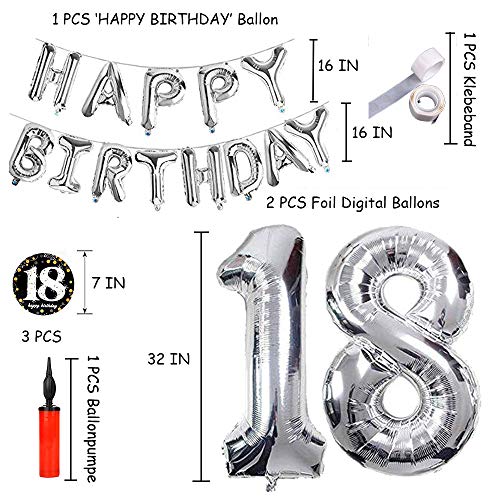 SHUIBIAN 18er Cumpleaños Globos, Decoración de cumpleaños 18 en Plata, Feliz cumpleaños Decoración Globos 18 Años, Globos Numeros para Fiestas,Globos de Aluminio para Niñas Chico