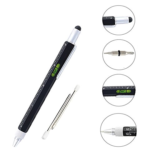 Shulaner 6 en 1 Multifunción de Herramienta de metal Pluma con Regla, Bolígrafo, nivel, Stylus y 2 Destornillador, Herramienta multifunción pen Fit para Hombre Padre Regalo Negro