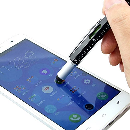 Shulaner 6 en 1 Multifunción de Herramienta de metal Pluma con Regla, Bolígrafo, nivel, Stylus y 2 Destornillador, Herramienta multifunción pen Fit para Hombre Padre Regalo Negro