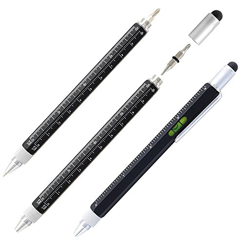 Shulaner 6 en 1 Multifunción de Herramienta de metal Pluma con Regla, Bolígrafo, nivel, Stylus y 2 Destornillador, Herramienta multifunción pen Fit para Hombre Padre Regalo Negro