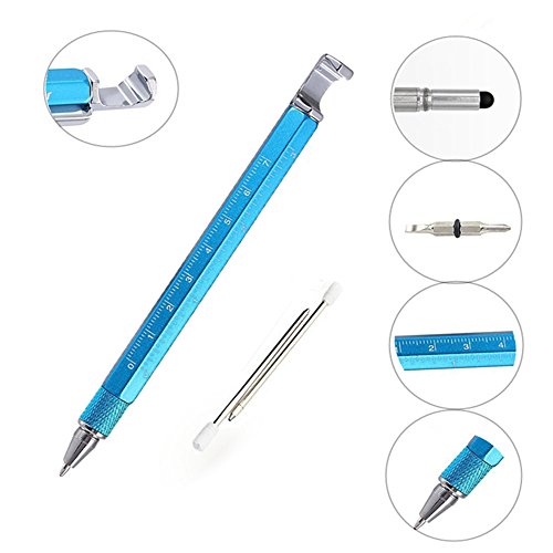 Shulaner 7 en 1 Tech Herramienta Bolígrafo con regla, abrebotellas, teléfono soporte, bolígrafo, lápiz capacitivo y 2 Tornillo herramienta conductor, multifunción, Fit para hombre padre regalo azul