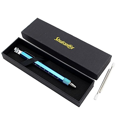 Shulaner 7 en 1 Tech Herramienta Bolígrafo con regla, abrebotellas, teléfono soporte, bolígrafo, lápiz capacitivo y 2 Tornillo herramienta conductor, multifunción, Fit para hombre padre regalo azul