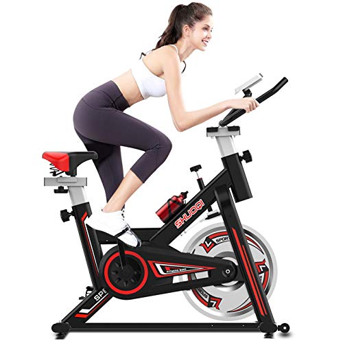 SHUOQI Bicicleta estáticas Para fitness, Bici de Spinning, Calidad profesional, Rueda de inercia bidireccional,Transmisión por cadena fija,Asiento ajustable, Pantalla LCD