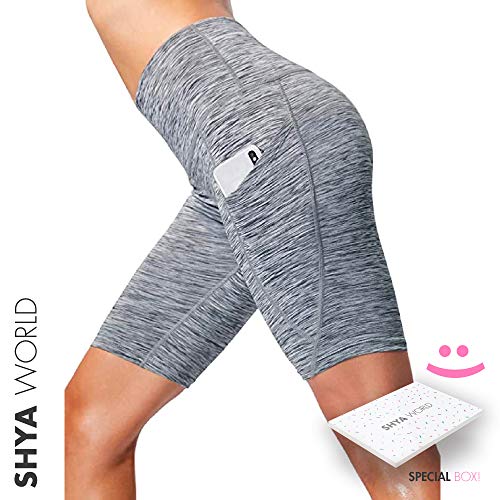 ShyaWorld Mallas Leggins Mujer Deportivos Fitness Pantalones Yoga de Alta Cintura Elásticos y Transpirables para Yoga Running (CON BOLSILLO GRIS CORTO, XL)