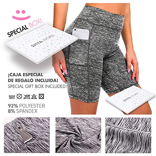 ShyaWorld Mallas Leggins Mujer Deportivos Fitness Pantalones Yoga de Alta Cintura Elásticos y Transpirables para Yoga Running (CON BOLSILLO GRIS CORTO, XL)