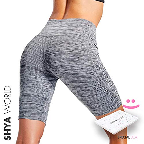 ShyaWorld Mallas Leggins Mujer Deportivos Fitness Pantalones Yoga de Alta Cintura Elásticos y Transpirables para Yoga Running (CON BOLSILLO GRIS CORTO, M)