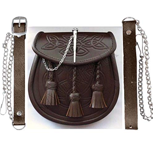 SHYNE KILTS U.K Falda Escocesa Sporran Celta Relieve Cuero Marrón Pestillo pin DETALLE Y CADENA PARA Faldas Escocesas