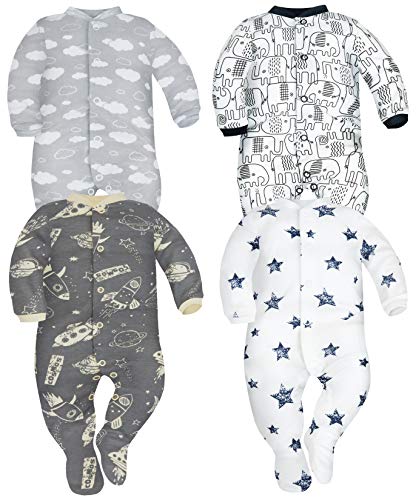 Sibinulo Nino Nina Pijama Bebé Pelele de Algodón Pack de 4 Nubes Cosmos Elefantes Negros y Estrellas 62(0-3 Meses)