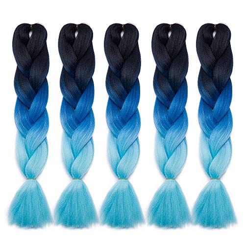 Silk-co 5 pcs Extensiones Trenzas Africanas de pelo sintético Sin olor Resistente al Calor Sudor Braiding Twist Crochet Hair 60cm #Ombre Azul