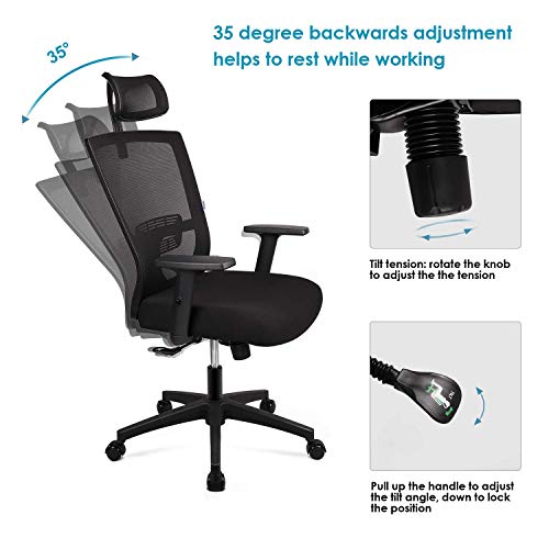 Silla de oficina Silla Ergonómica, Silla de Escritorio Con Reposacabezas y Apoyabrazos ajustables, cómodo y fiable, Carga máx. 120kg/265lb
