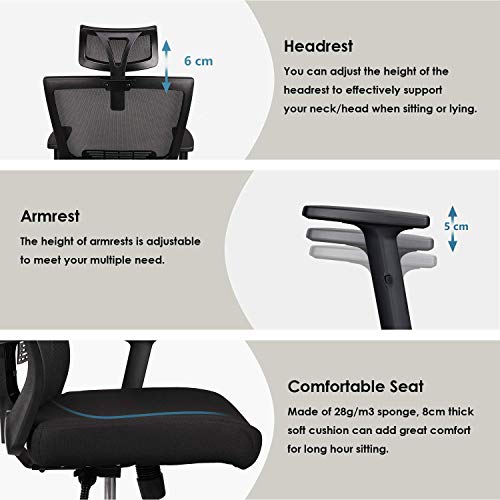 Silla de oficina Silla Ergonómica, Silla de Escritorio Con Reposacabezas y Apoyabrazos ajustables, cómodo y fiable, Carga máx. 120kg/265lb