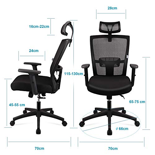Silla de oficina Silla Ergonómica, Silla de Escritorio Con Reposacabezas y Apoyabrazos ajustables, cómodo y fiable, Carga máx. 120kg/265lb