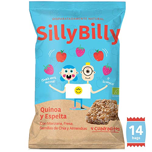 SillyBilly Cuadraditos horneados BIO de Quinoa, Espelta, Manzana, Fresa, Semillas de Chía y Almendras (Pack 14 X 24g)