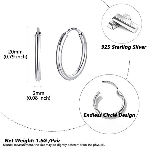 Silvora 20mm Aros Plata Pendientes Chicos de Cartilago anti alergia para mujeres hombres