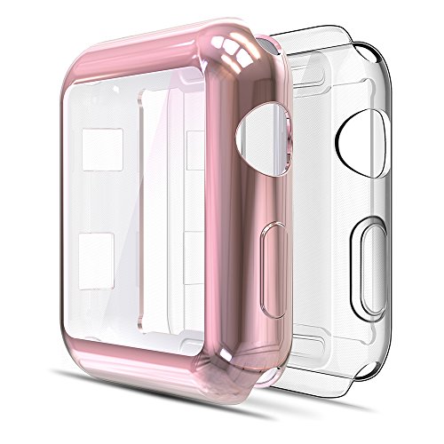 Simpeak Funda Compatible con Apple Watch 38mm Series 3/2(1*Transparent + 1*Rosa Dorado), 2 Packsligero y Suave de Silicona Ultra Fino TPU [Cobertura Completa] Compatible para Apple Watch 38mm