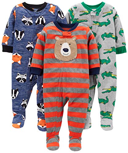 Simple Joys by Carter's 3-Pack Flame Resistant Fleece Footed Pajamas Infant-and-Toddler Sets, Bear/Alligator/Fox/Racoon, 24 meses,
