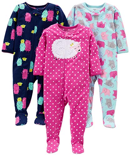 Simple Joys by Carter's pijama de forro polar suelto para bebés y niñas pequeñas, paquete de 3 ,Elephant/Lamb/Monster ,18 Months