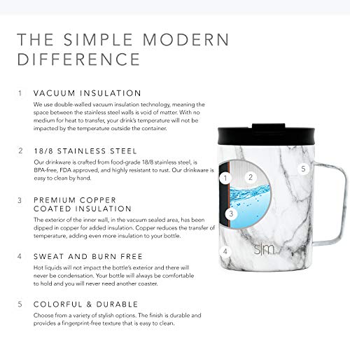 Simple Modern Scout 350mL Termo Taza Vaso Termico de Viaje Café Para Llevar Acero Inoxidable Tapa Prueba de Fugas Botella Agua Regalos originales para mujer u hombre Diseño: Mármol de Carrara