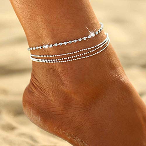 Simsly Crystal Tobilleras Pulseras de tobillo en capas plateadas Accesorios para joyería de pie de playa Ajustable para mujeres y niñas